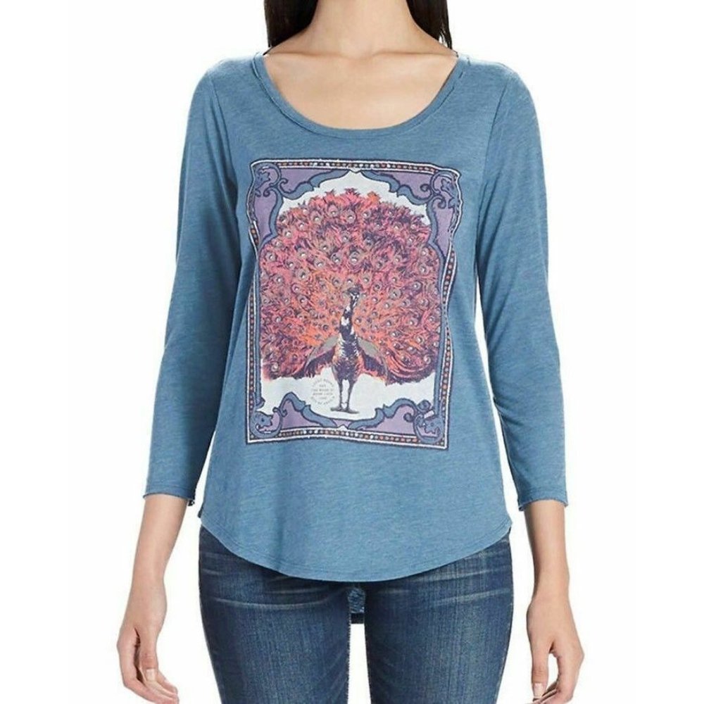 NWT Womens Size Small Lucky Brand 3/4 Sleeve Scoop Neck Graphic Peacock T-Shirt